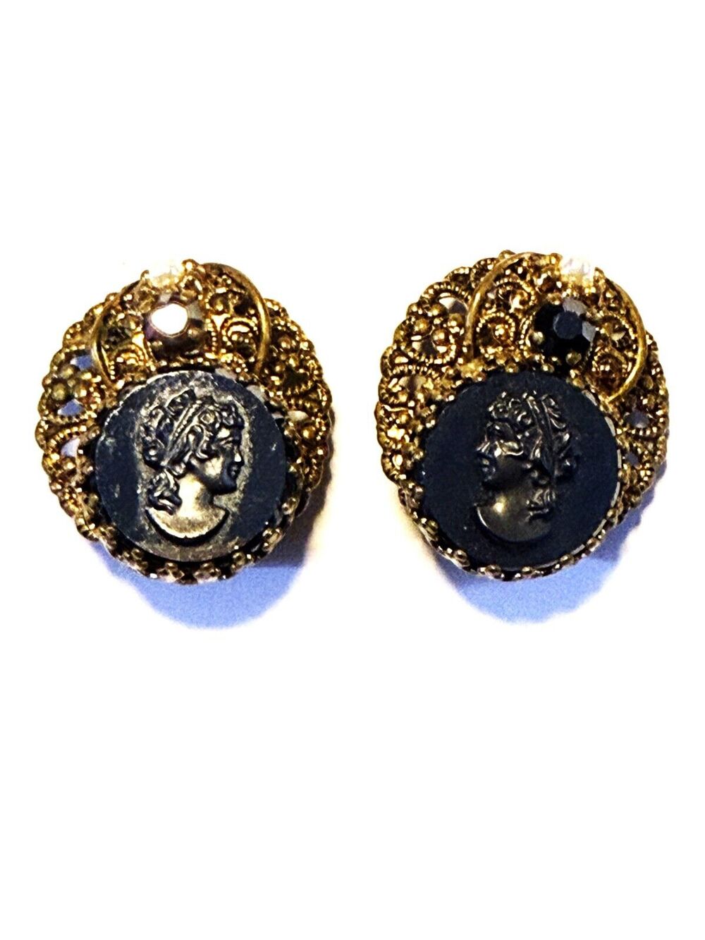 Vintage West Germany Black Glass Cameo Clip On Earrings Filigree Faux Pearl